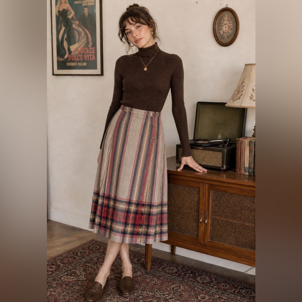 Vintage Wool Plaid Wrap Around Skirt A-Line Skirt in Red and Tan